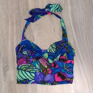 VTG Faith Y2K Tropical Floral Babydoll Halter Top Size S Beaded Artsy Resort